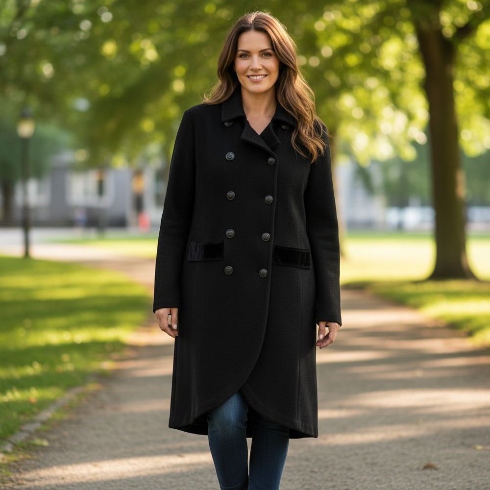 Lauren Jeans Company Knit Double Breasted Lambswool Sweater Coat Velvet Trim Med